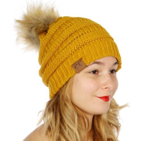 NWT C.C The Original Beanie Mustard With Pom pom - Picture 5 of 5